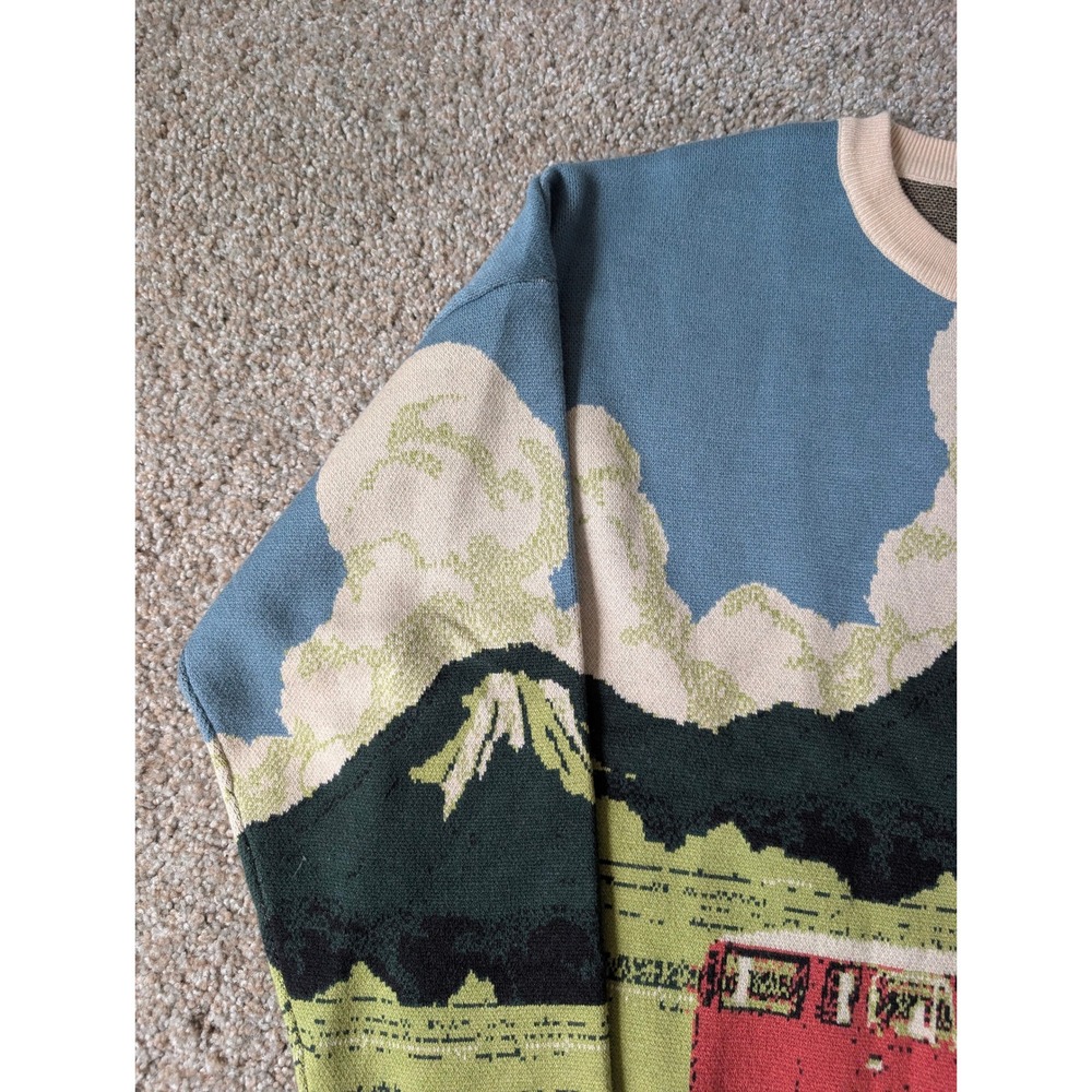Cider Landscape Van Mountain Intarsia Knit Sweater Blue Green Crewneck Pullover - Picture 3 of 7